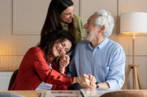 An older couple and their daughter are seated together at a table, sharing a moment of connection and conversation about the needs in the elderly