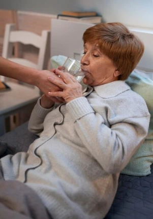 A woman provides water to an elderly woman, highlighting the importance of support for elderly parents at home.