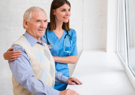 an old man and a nurse with the right care service