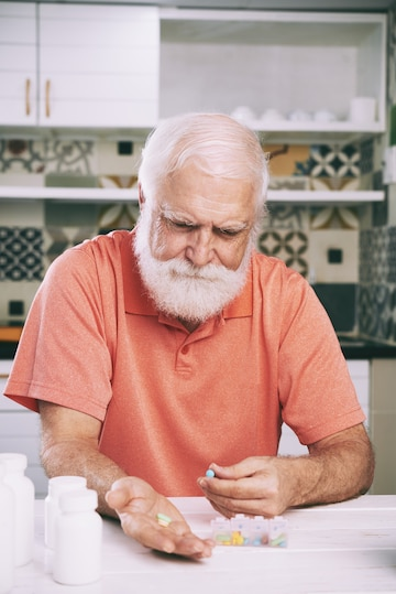 An elderly man in a kitchen carefully organizes and takes his daily medications, ensuring proper healthcare management at home.