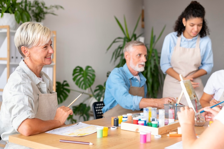 Seniors participate in an art class, painting together in a community setting, emphasizing the importance of creative engagement for elderly well-being.